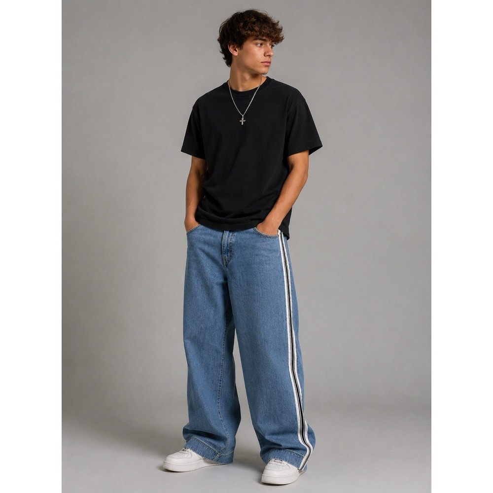 ALAB Light Wash Denim Wide Leg Jeans 42 Side Stripe Y2K Streetwear Baggy FLAW